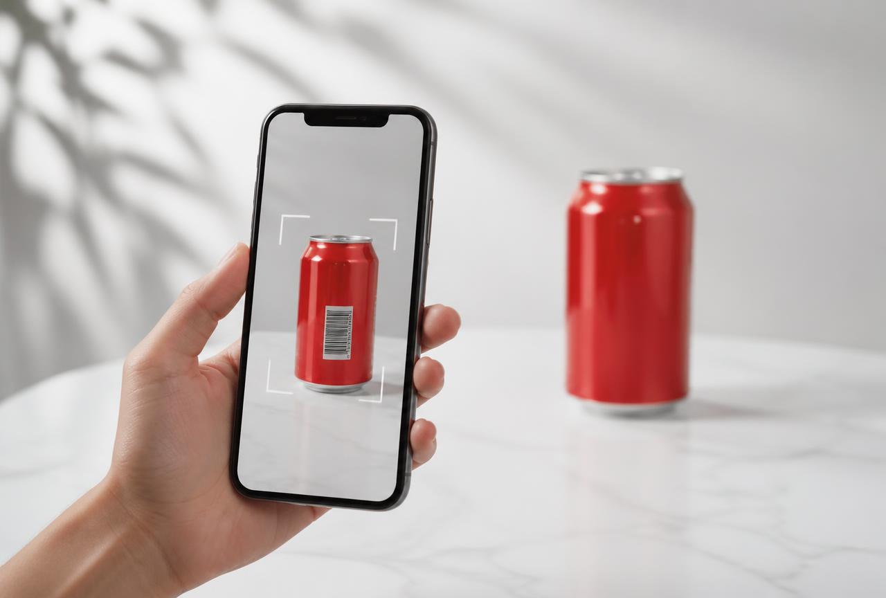 Mão segurando um smartphone que escaneia o código de barras de uma lata de Coca-Cola